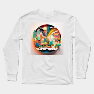 3D Effect Papercut Art - Cityscape Scene Long Sleeve T-Shirt